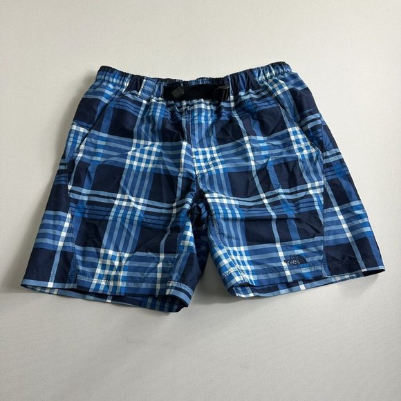 The North Face Mens‎ Swim Trunks Size Medium Blue Plaid Lined Beach Board Shorts - Picture 1 of 8
